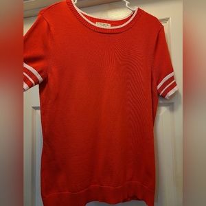 Red Orange Sweater with White Striped Sleeves
